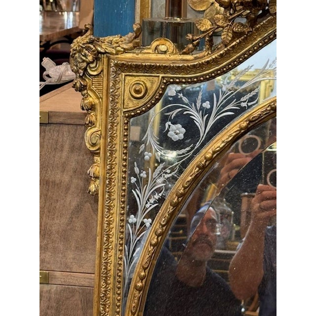 19th C. French Louis XV Giltwood Mirror With Etched Border Panels For Sale - Image 4 of 8