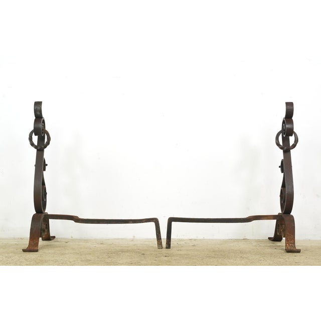 Metal Pair of Arts & Crafts Antique Wrought Iron Andirons For Sale - Image 7 of 9