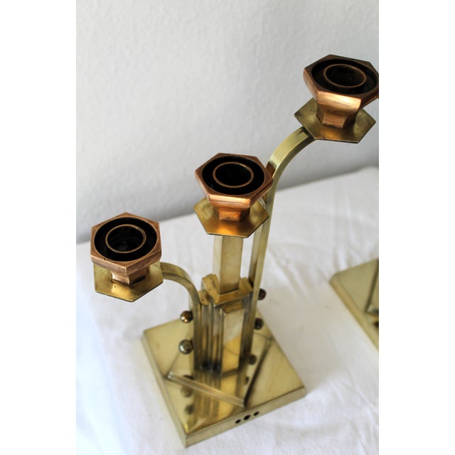 Metal Art Deco 3-Armed Candlesticks in Brass, 1920s, Set of 2 For Sale - Image 7 of 14