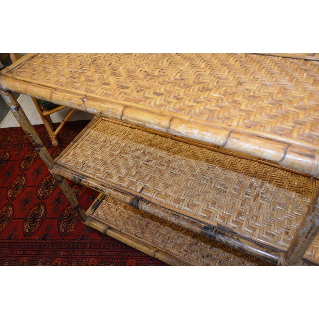 Vintage Bamboo & Woven Rattan 2 & 3 Tiered Decorative Long Shelving Shelf Unit For Sale - Image 10 of 18
