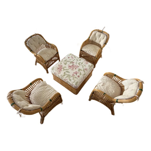 Set of 4 Bielecky Brothers Rattan Lounge Chairs With Ottoman- New York, Circa 1990 For Sale