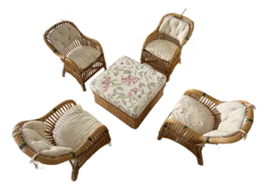Set of 4 Bielecky Brothers Rattan Lounge Chairs With Ottoman- New York, Circa 1990