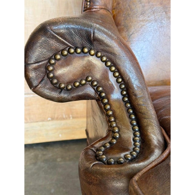 Pair of English Georgian Style Wingback Armchairs - Distressed Brown Leather For Sale - Image 14 of 17