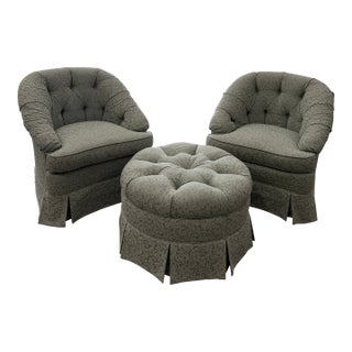 Beachley Tufted Barrel-Back Swivel Chairs With Matching Ottoman For Sale
