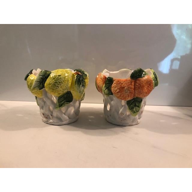 1970s Majolica Lemon Orange Centerpiece Candle Holders / Planters - A Pair For Sale - Image 6 of 14