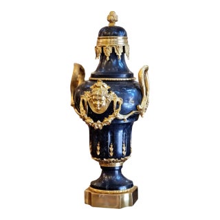 French Empire Style Black Porcelain Urn With Gilded Bronze Mounts, Gold Leaf Details and Classical Mask Motif For Sale