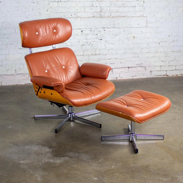 MCM Style Mid to Late 20th Century Plycraft Lounge Chair & Ottoman in Saddle Color Italian Leather For Sale - Image 18 of 18