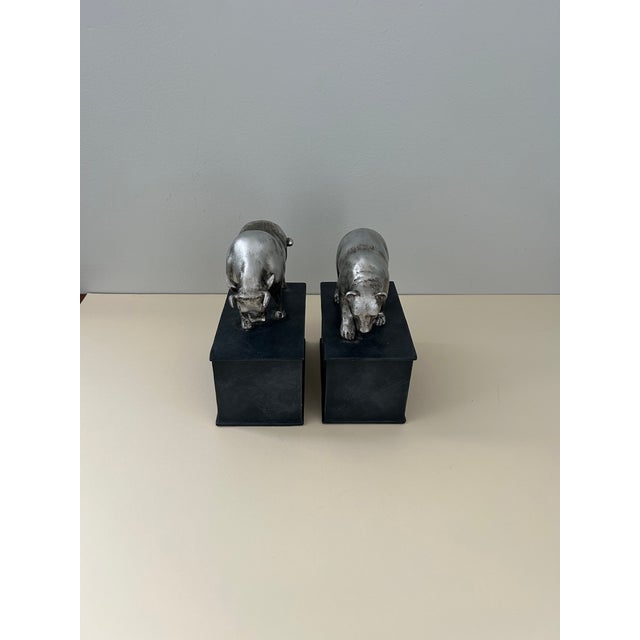 1990s Vintage Bull & Bear Stock Market Bookends, Silver-Tone Metal For Sale - Image 5 of 15
