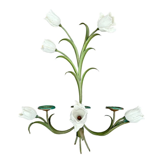 Mid 20th Century Pair of Vintage Tole and Porcelain Tulip Candle Sconces For Sale - Image 5 of 12