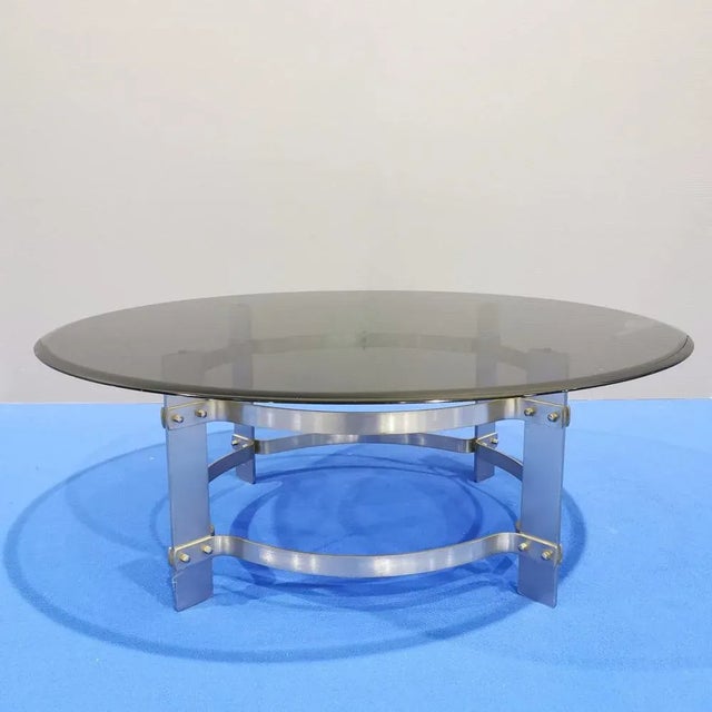Vintage Round Metal & Glass Coffee Table, 1970s, in Good conditions. Designed 1970 to 1979