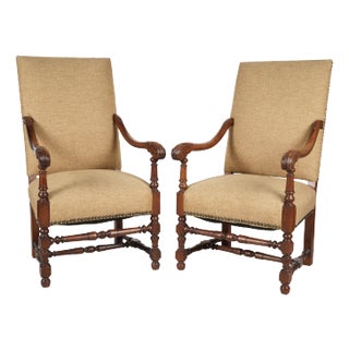 Pair of Mid 20th Century Baroque-Style Carved Walnut Armchairs with New Linen Upholstery For Sale