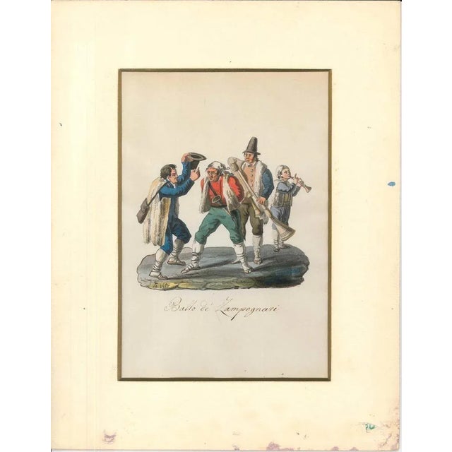Watercolour on paper, 1820 c.a. Hand-titled ''Ballo de' Zampognari'' (Dance of Pipers), hand-signed on lower-left margin....