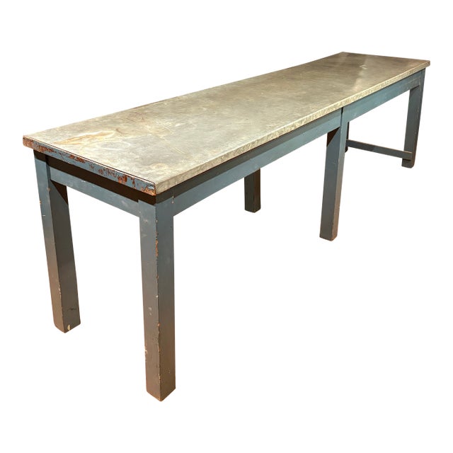 Antique Extra Long Industrial Table - Weathered Zinc and Painted Base For Sale