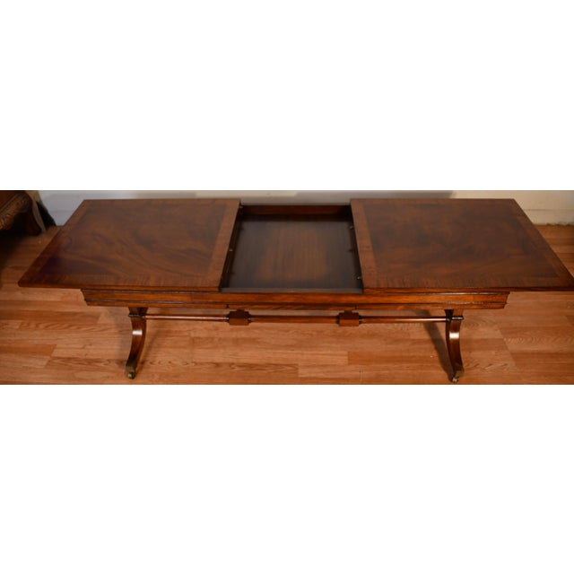 Traditional 1930 English Regency Mahogany Banded Satinwood Coffee Table With Extending Leaf For Sale - Image 3 of 18