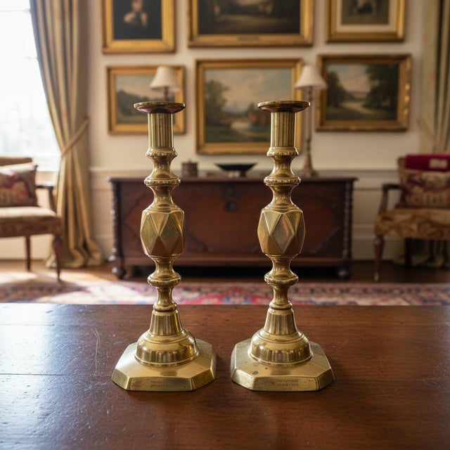 Antique Queen of Diamonds Brass Candlesticks Pair-Victorian English-1897 Jubilee For Sale - Image 11 of 11