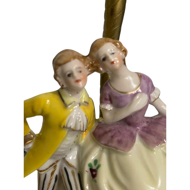 Vintage French Porcelain Courting Couple Boudoir Table Lamps With Ormolu Bases – Rococo Style - a Pair For Sale - Image 6 of 16