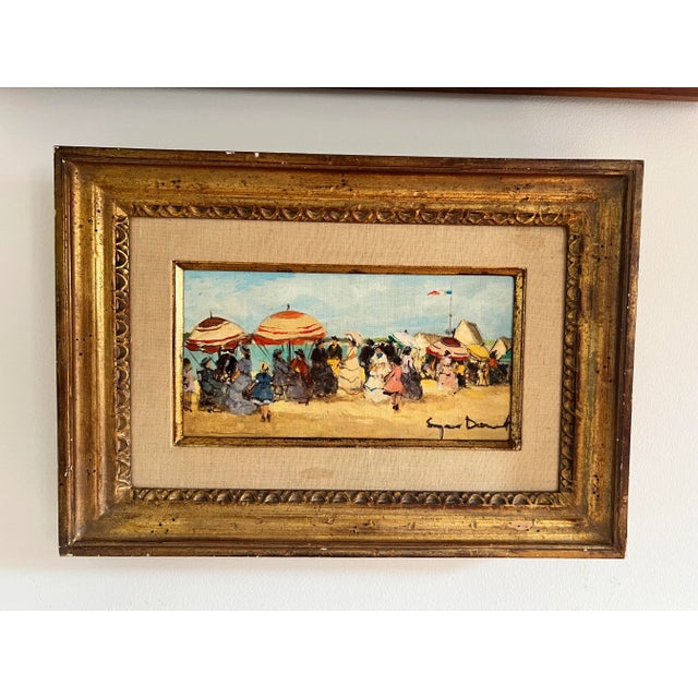 Blue 1940s Suzanne Demarest French Oil Painting on Canvas Beach Scene With Umbrellas and Flag For Sale - Image 8 of 11