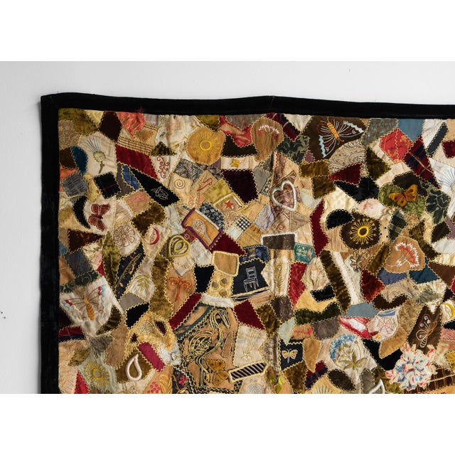 Antique Victorian Crazy Quilt, Hand Embroidered Silk and Velvet Patchwork Quilt, 19th Century For Sale - Image 12 of 18