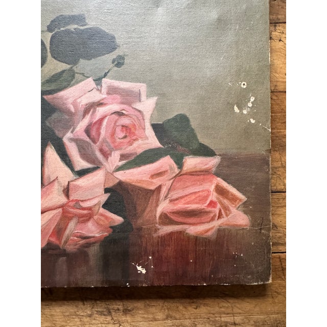 Traditional Pink Roses, Antique Oil on Canvas For Sale - Image 3 of 13