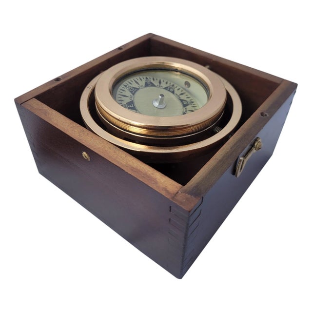 Brass Boat Compass in Varnished Wood Box For Sale