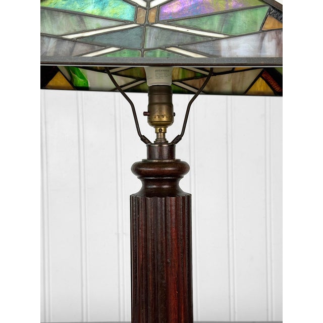 Antique Arts & Crafts Slag Glass Oak Table Lamp For Sale - Image 10 of 12