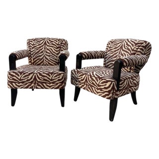 Larry Laslo for Directional Zebra Pattern Wood Frame Lounge Club Chairs, a Pair For Sale