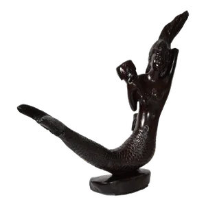 Late 19th Century Signed Mahogany Large Hand-Carved Mermaid Sculpture Statue