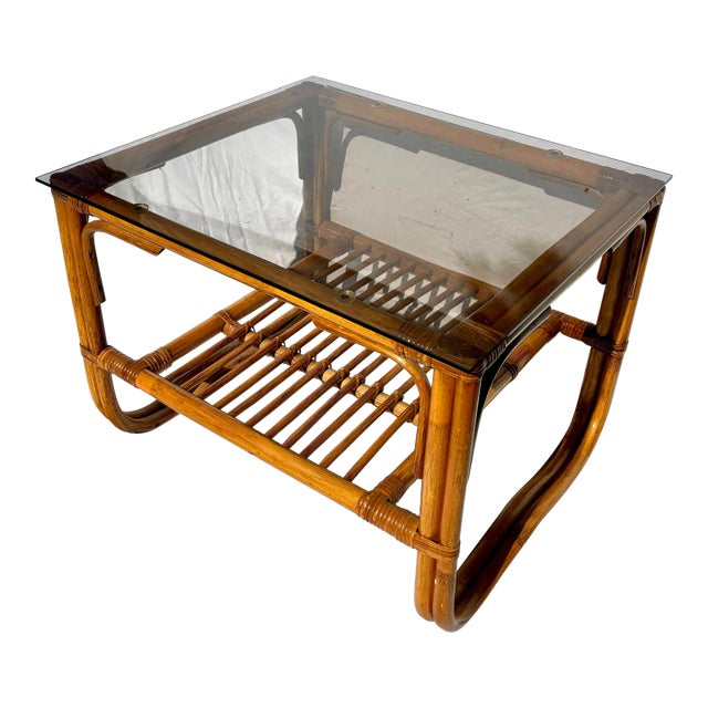 Boho Rattan Bamboo 1970s Side Table For Sale