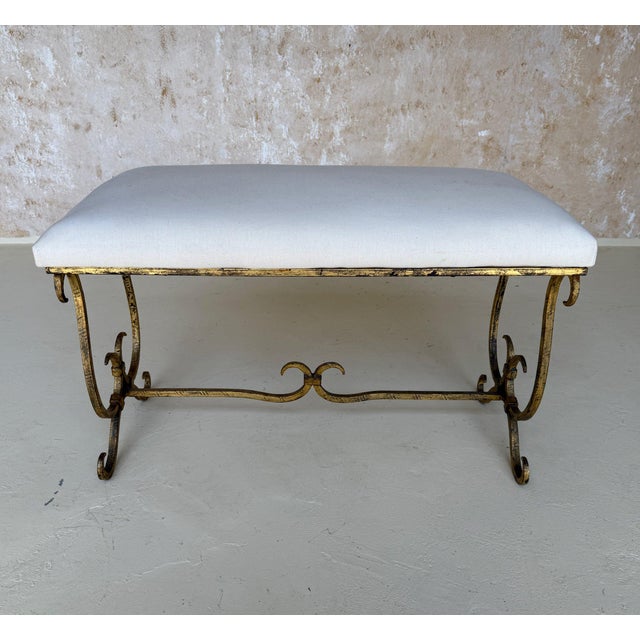 Vintage Mid Century Spanish Gilt Iron Bench With Ornate Base For Sale - Image 4 of 12