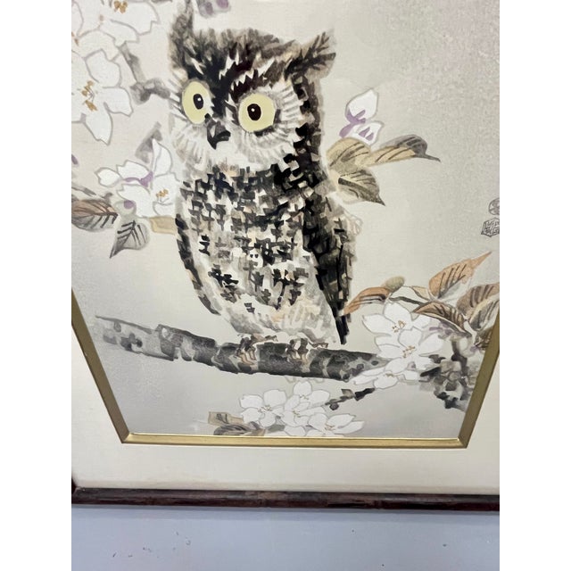 Cream Vintage Japanese Owl Wood Block Print in Faux Bamboo Wood Frame For Sale - Image 8 of 16