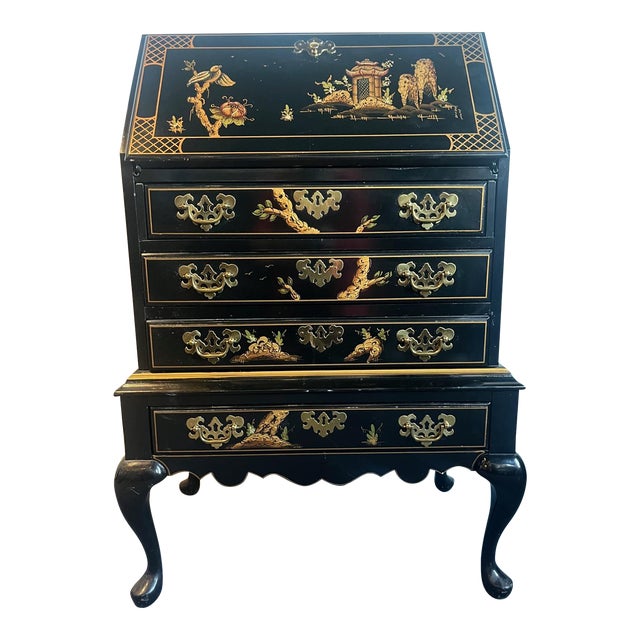 1970's Black Lacquer Hand Painted Asian Chinoiserie Secretary Desk For Sale