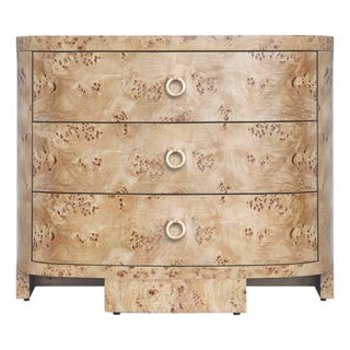 Matthew Izzo Home Henry Light Burlwood Three Drawer Chest of Drawers With Satin Brass Hardware For Sale