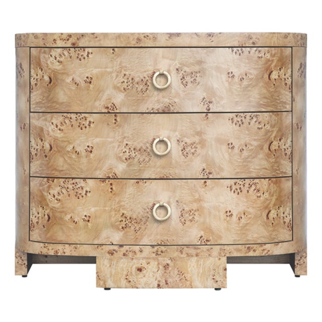 Matthew Izzo Home Henry Light Burlwood Three Drawer Chest of Drawers With Satin Brass Hardware For Sale