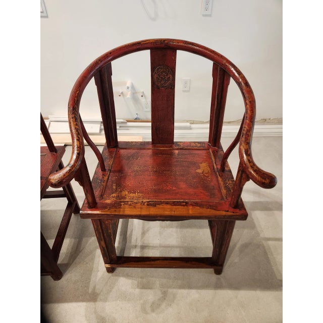 Early 1900s Wonderful Pair of Chinese Red Ming Horseshoe Chairs - a Pair For Sale - Image 10 of 13