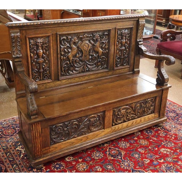 Late 19th Century English Victorian Oak Hall Seat Settee Bench Dimensions : 57" Wide X 20" Deep X 44" Tall Exceptional...