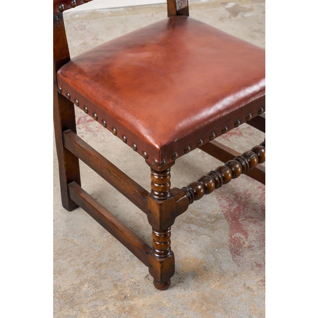Brown Set of 10 | English Cromwellian Style Oak Bobbin Stretcher Base Dining Chairs With Leather Upholstery (C. 1920) For Sale - Image 8 of 10