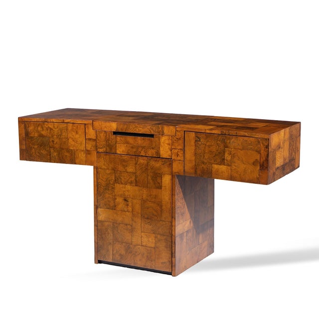 Mid-Century Modern Paul Evans for Directional Mid Century Patchwork Burlwood T Bar Console Table For Sale - Image 3 of 9