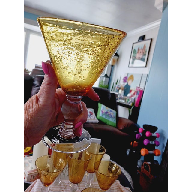 1960s Artland Vintage Hand Blown Amber Bubble Glass Goblets Set For Sale - Image 11 of 15