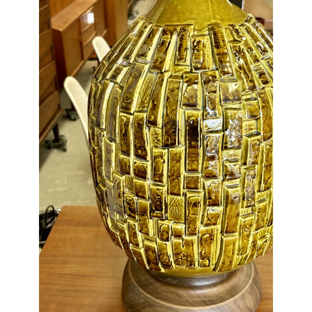 Very Large Vintage Mid Century Modern Ceramic Brutalist Green Table Lamp