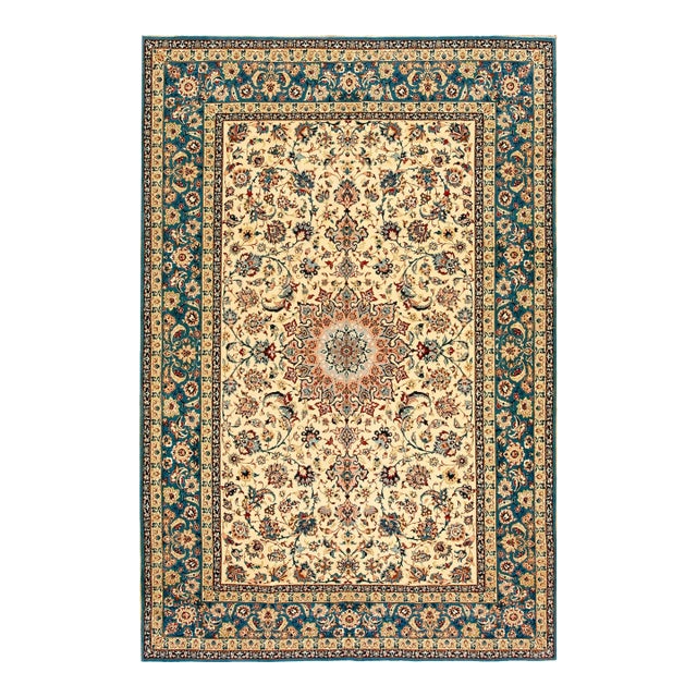 1940s Traditional Beige Floral Shah Abbas Antique Isfahan Wool Silk Carpet Rug For Sale
