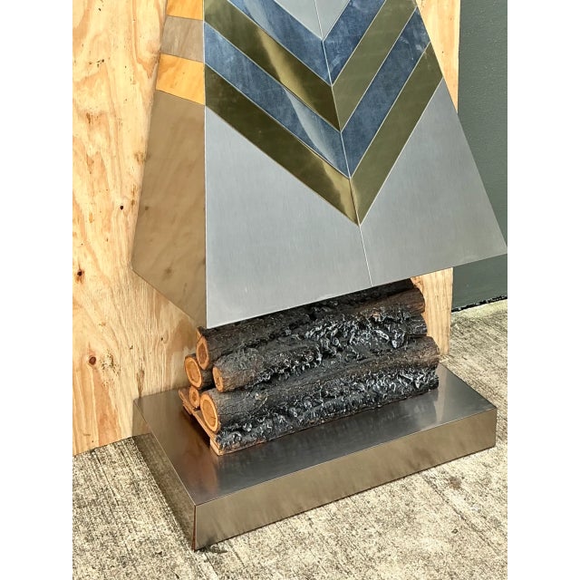 Vintage Boho Chevron Brass and Chrome Faux Fireplace For Sale In West Palm - Image 6 of 10