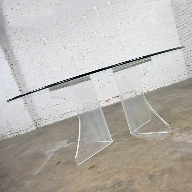 Glass Vintage Modern to Hollywood Regency or Art Deco Dining Table Lucite Sculptural Base Oval Glass Top For Sale - Image 7 of 18