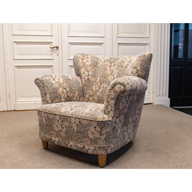 Vintage Danish Wingback Chair with Jacquard Fabric, 1940s For Sale - Image 9 of 13