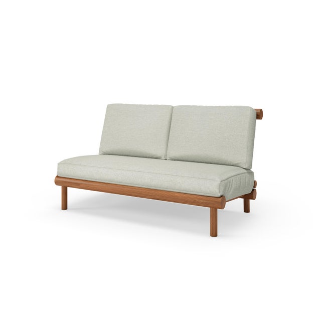 Mid-Century Modern Rishon Teak Outdoor Love Seat - Canvas Granite For Sale - Image 3 of 5
