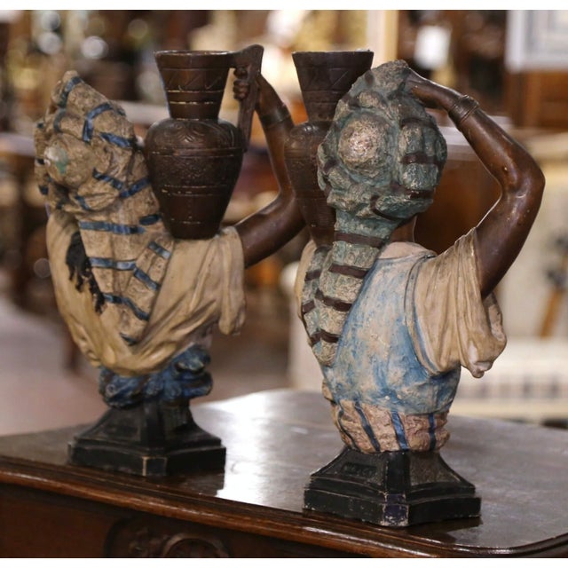 Brown Pair of Early 20th Century Spanish Painted Terracotta Figurines For Sale - Image 8 of 10