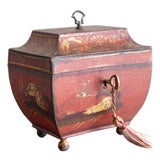 19th Century French Empire Chinoiserie Red Tole Tea Caddy Sarcophagus Box For Sale