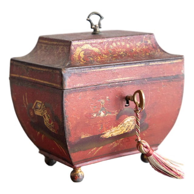 19th Century French Empire Chinoiserie Red Tole Tea Caddy Sarcophagus Box For Sale
