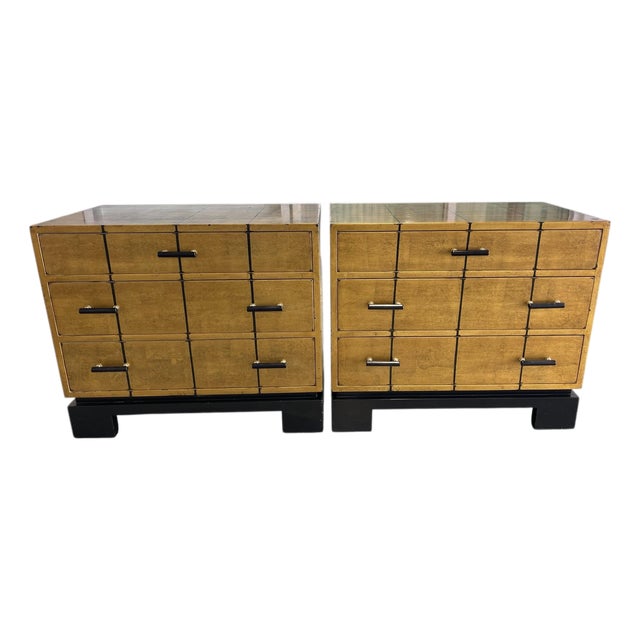 70s Gilt Low Chests / Nightstands, a Pair, in the Style of Karl Springer, Modern Hollywood Regency, Asian Inspired For Sale