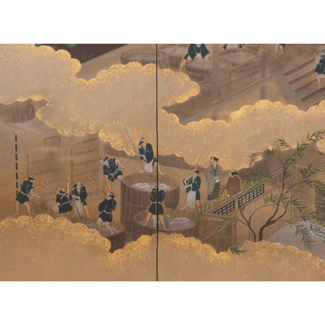 "Sake Brewery", Late Showa Era 1970-1980s Japanese Yamato-E Byobu Screen For Sale In Dallas - Image 6 of 18
