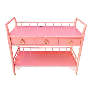 Thomasville Vintage Faux Bamboo Coral and Gold Rolling Bar Cart, Changing Table Buffet Cart For Sale